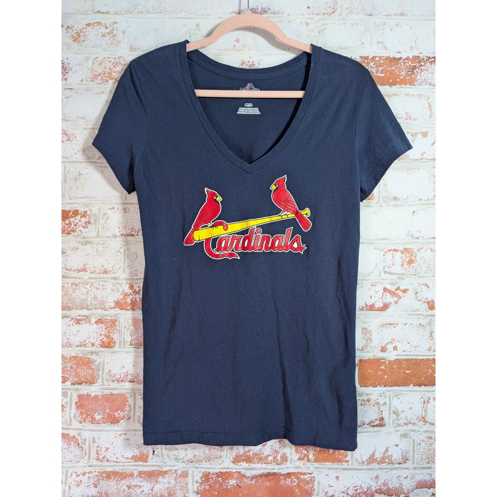 Majestic St Louis Cardinals Shirt Womens L Blue V-Neck Short Sleeve MLB Tee